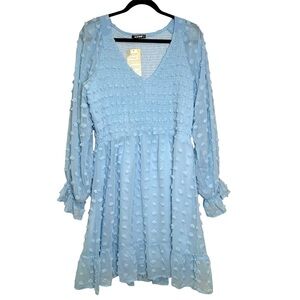 BTFBM Women’s XL Long Sleeve Sky Blue V Neck Smocked Dot Chiffon Ruffle Dress